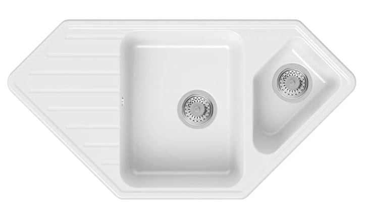 PRIMAGRAN - Fregadero de Esquina de Granito - Mónaco, Lavabo Cocina 1,5 Senos + Sifón Clásico, Fregadero Empotrado 97 x 49 cm, Blanco