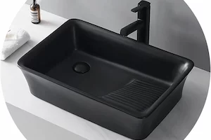 Bathroom Sink Taps - Fregadero rectangular de porcelana de cerámica con fregadero, fregadero de recipiente de baño con lavabo, color negro, tamaño 59,5 x 40 x 14,5 cm