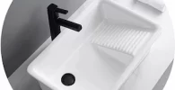 Bathsoom Sink Taps - Fregadero rectangular de porcelana de cerámica con fregadero, fregadero de recipiente de baño con lavabo, color blanco, tamaño 59,5 x 40 x 14,5 cm